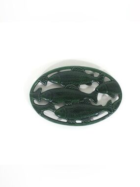 Vintage French Cast Iron Enamelled Green Fish Trivet Made in France